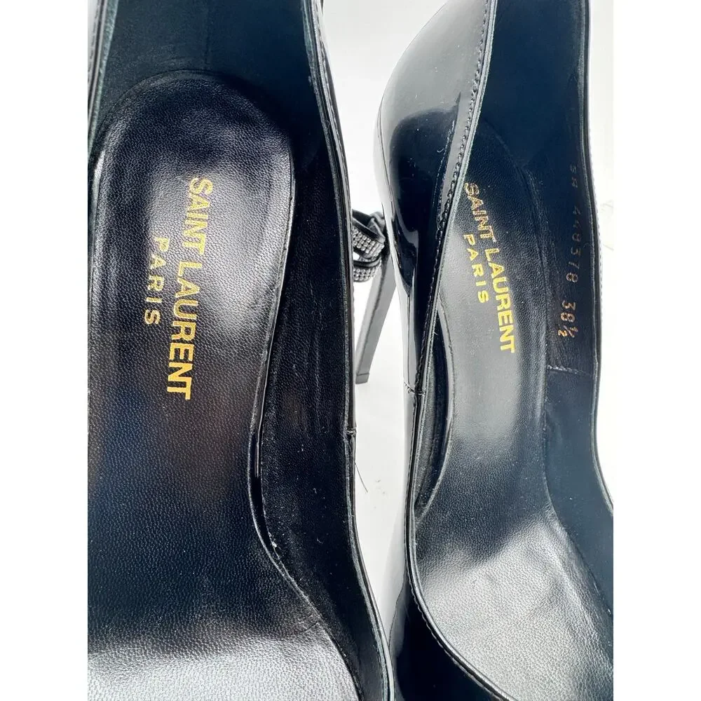 Saint Laurent Black Patent Leather Crystal Bow Runway Heels Pumps EU 38.5